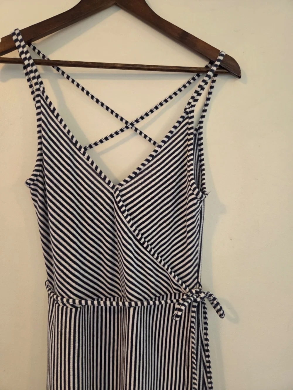 Striped faux wrap blue/white stripe long midi dress S summer coastal preppy knit - Picture 5 of 13